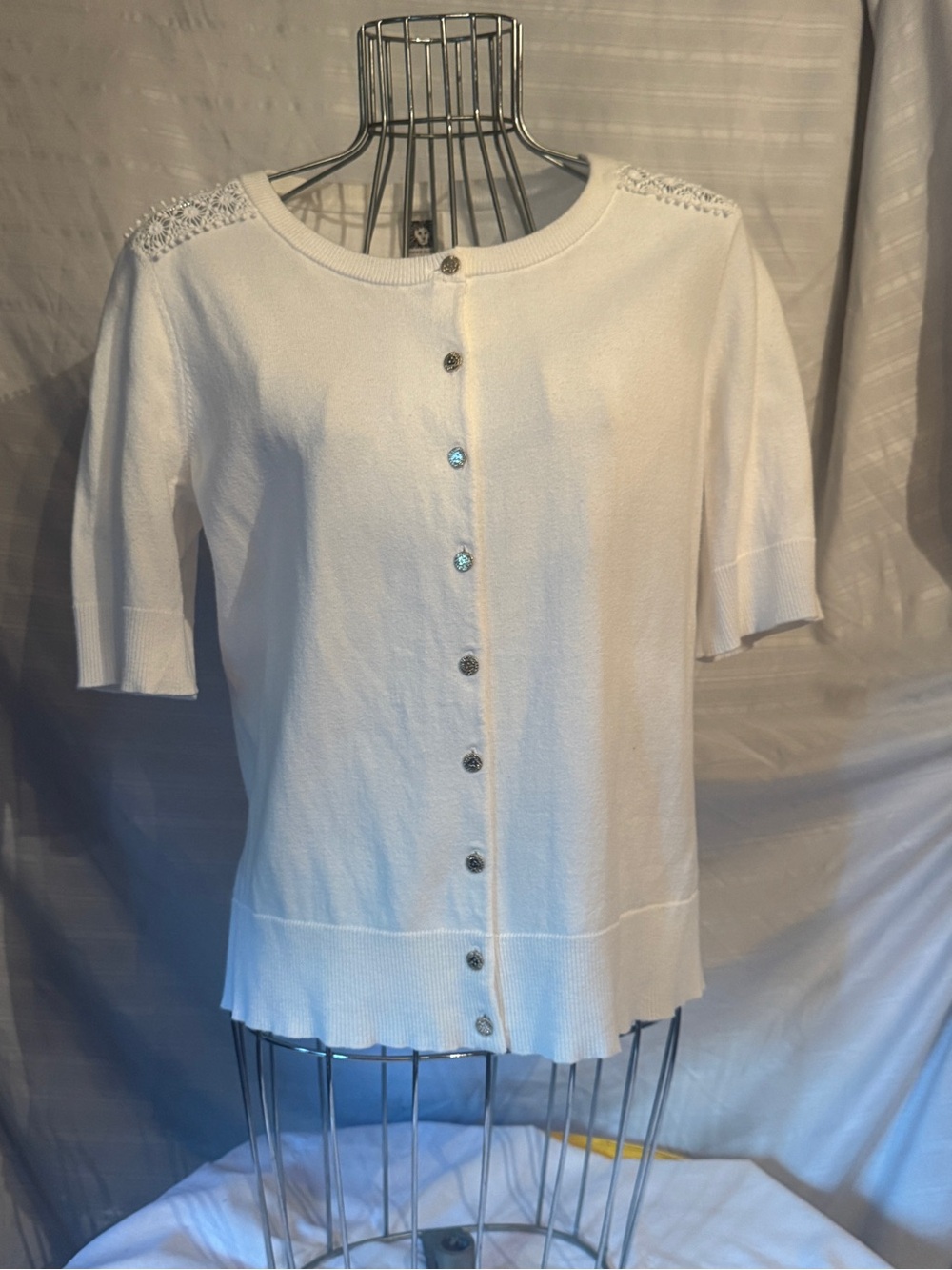 Anne Klein Cotton Cardigan w Short-Sleeve Button-Front Knit Detail, Large